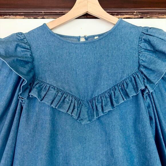 Ungrid Japanese Denim Ruffle Blouse- Size Medium, Boho Chic - Picture 3 of 5